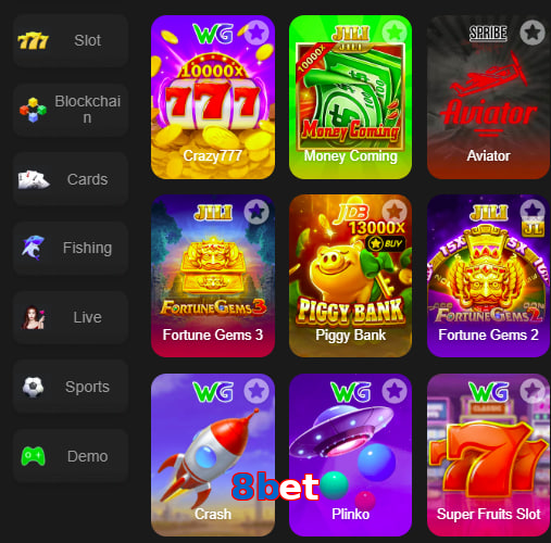 Main screen of 8Bet game page for PK players